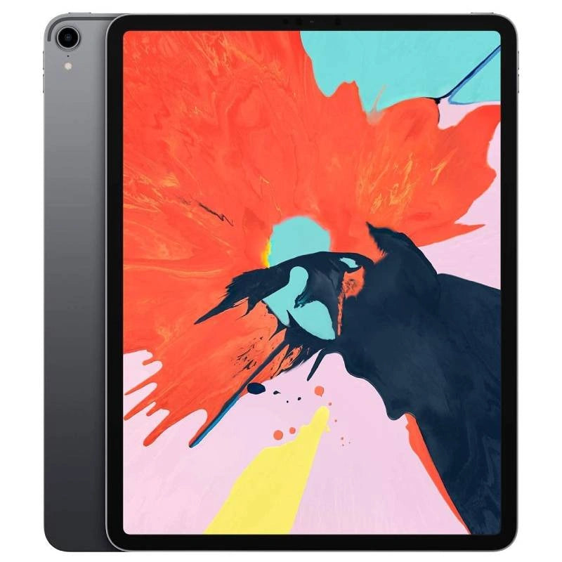 Apple iPad Pro 12.9-inch (3rd generation) cellular model in Space Gray, front view showing edge-to-edge display and back view with camera