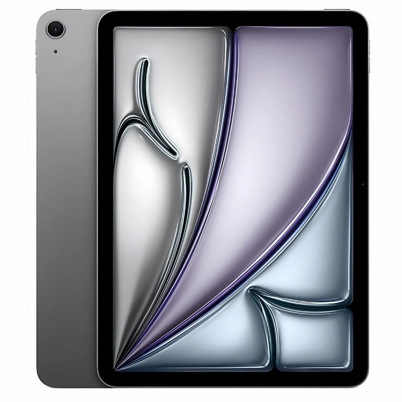 pple iPad Air 6 M2 in Space Gray, showcasing the front display and sleek dark gray back with a rear camera