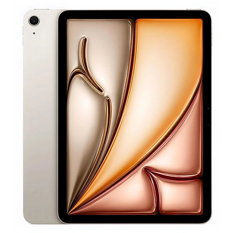 Apple iPad Air 6 M2 in Starlight, featuring the front display and elegant soft gold back with a rear camera