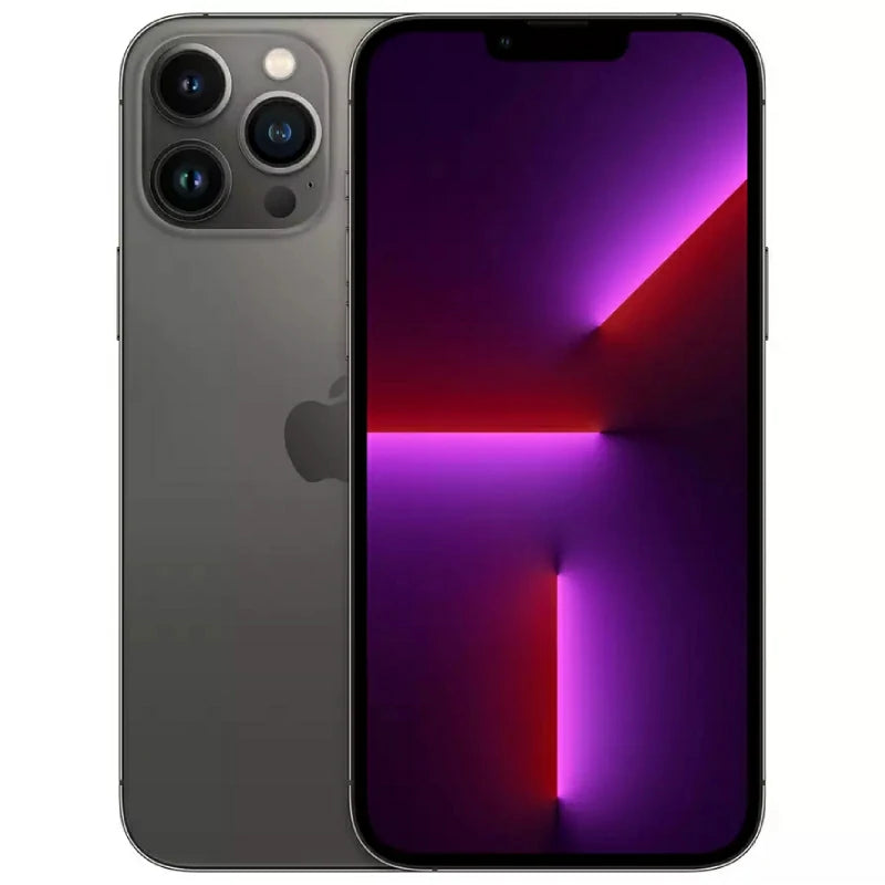 The iPhone 13 Pro Max in Graphite features a sleek, polished glass back with a triple-camera setup.
