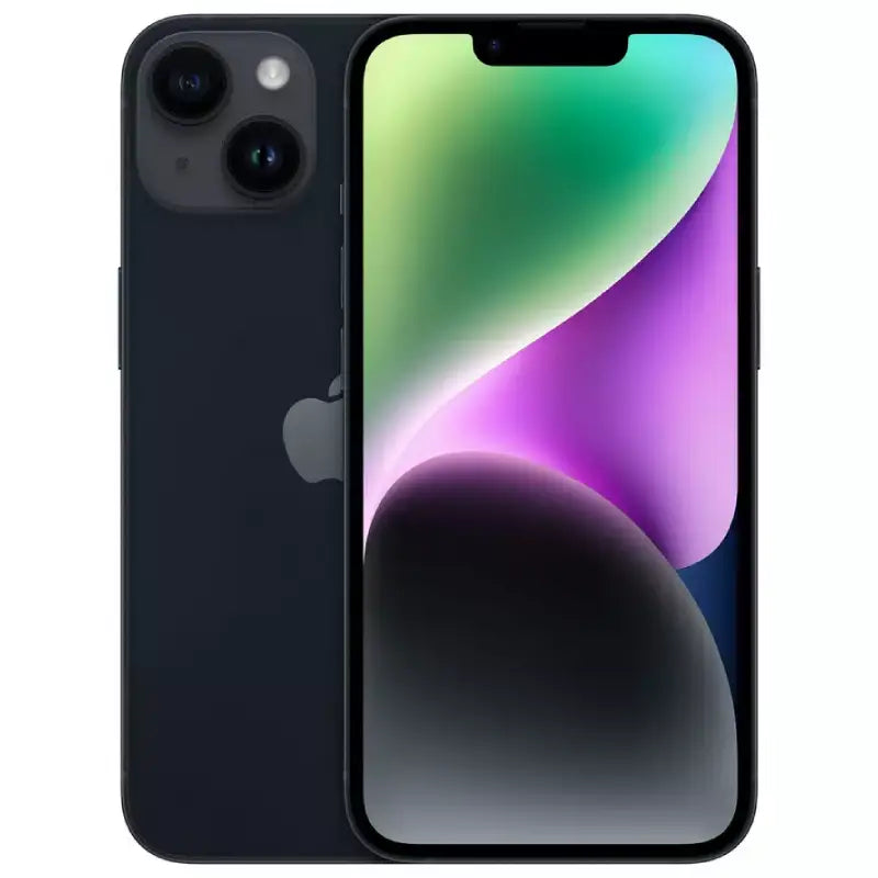 iPhone 14 in Midnight, showing the back with a dual-camera setup and the front display featuring a bright Super Retina XDR screen with a centered True Depth camera