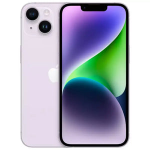 iPhone 14 in Purple, showing the back with a dual-camera setup and the front display featuring a bright Super Retina XDR screen with a centered True Depth camera