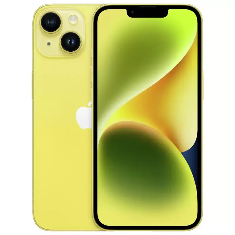 iPhone 14 in yellow, showing the back with a dual-camera setup and the front display featuring a bright Super Retina XDR screen with a centered True Depth camera