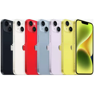 iPhone 14 in all colors, showing the back with a dual-camera setup and the front display featuring a bright Super Retina XDR screen with a centered True Depth camera