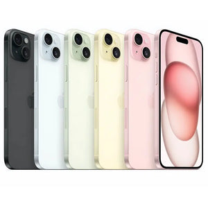 Apple iPhone 15 in all available colors — black, blue, yellow, green, and pink — showcasing the side view with a sleek aluminum frame, along with the front display featuring the Dynamic Island and the back view with a dual-camera setup arranged diagonally, each with a smooth matte finish corresponding to the color