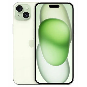 Apple iPhone 15 in green color, showing the front display with Dynamic Island at the top and the back with a sleek matte finish, featuring a dual-camera setup arranged diagonally