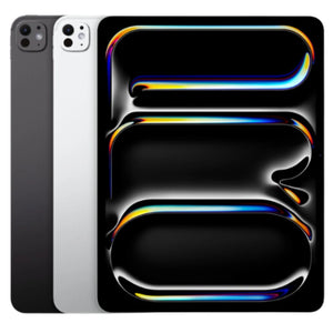 The iPad Pro 11-inch with M4 chip in all color features a bright front display showcasing vibrant graphics. The back is sleek and includes a single camera, highlighting its elegant finish