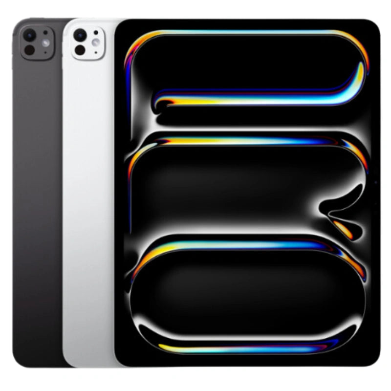 The iPad Pro 11-inch with M4 chip in all color features a bright front display showcasing vibrant graphics. The back is sleek and includes a single camera, highlighting its elegant finish