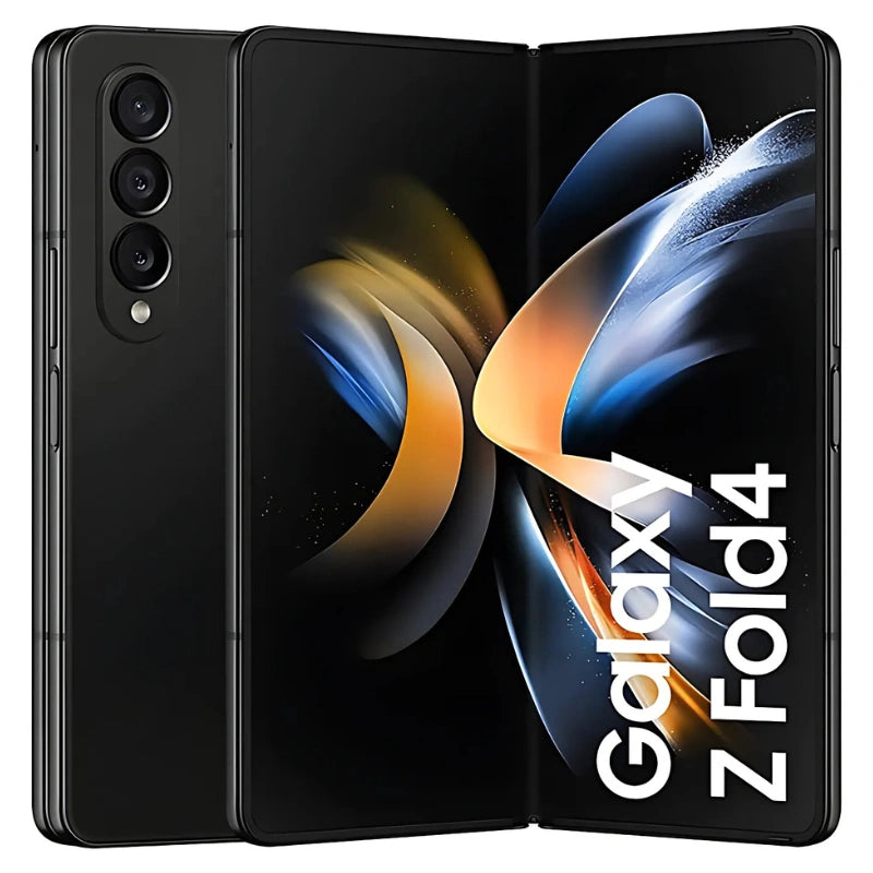 Samsung Galaxy Z Fold 4 in Phantom Black showing its front display, back with triple cameras, and folded screen