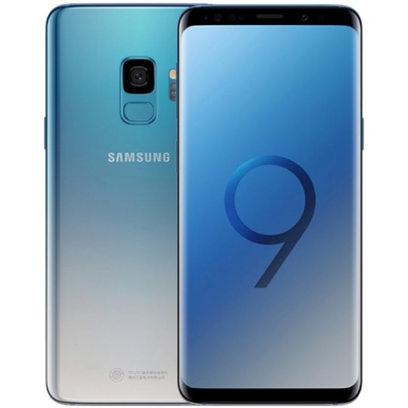 Samsung Galaxy S9 Plus in Ice Blue, showcasing the front side with a vibrant display and the back side featuring a dual camera setup and fingerprint sensor