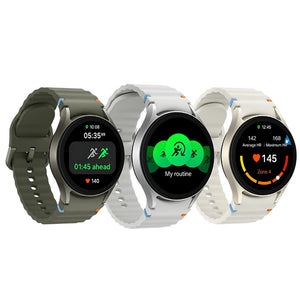 Samsung Galaxy Watch 7 GPS in all color displayed prominently, highlighting its sleek case, vibrant AMOLED display, and stylish band, exuding a premium look and modern elegance