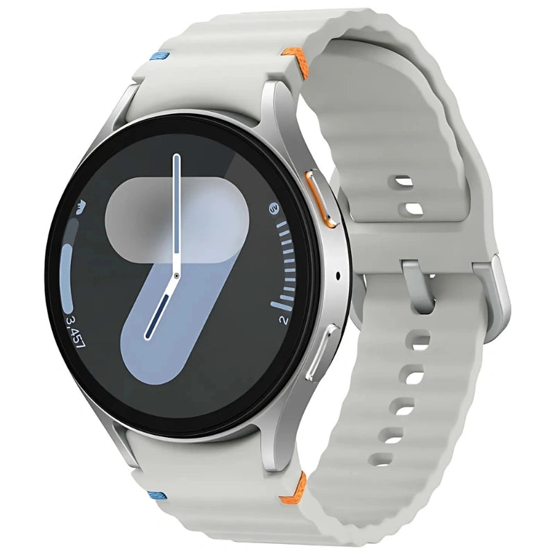 Samsung Galaxy Watch 7 GPS in Silver color displayed prominently, highlighting its sleek case, vibrant AMOLED display, and stylish band, exuding a premium look and modern elegance