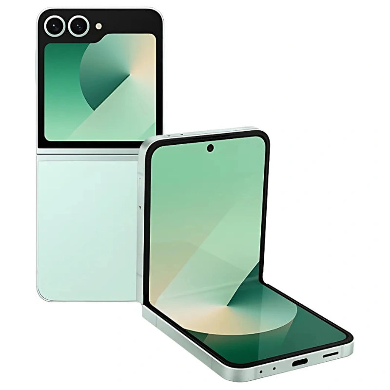 Trendy Green Samsung Galaxy Z Flip6 folded, displaying a fresh green tone, dual cameras, and cover screen for quick notifications