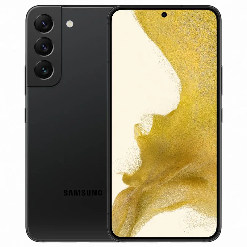 Samsung Galaxy S22 in phantom black color, showcasing the front AMOLED display with minimal bezels and the back view featuring a vertically aligned triple-camera setup
