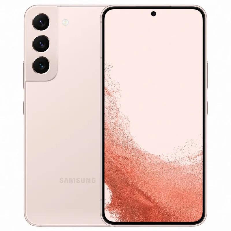 Samsung Galaxy S22 in pink color, showcasing the front AMOLED display with minimal bezels and the back view featuring a vertically aligned triple-camera setup