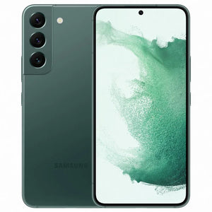 Samsung Galaxy S22 Plus in green color, showcasing the front AMOLED display with minimal bezels and the back view featuring a vertically aligned triple-camera setup