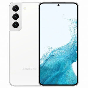 Samsung Galaxy S22 in white color, showcasing the front AMOLED display with minimal bezels and the back view featuring a vertically aligned triple-camera setup