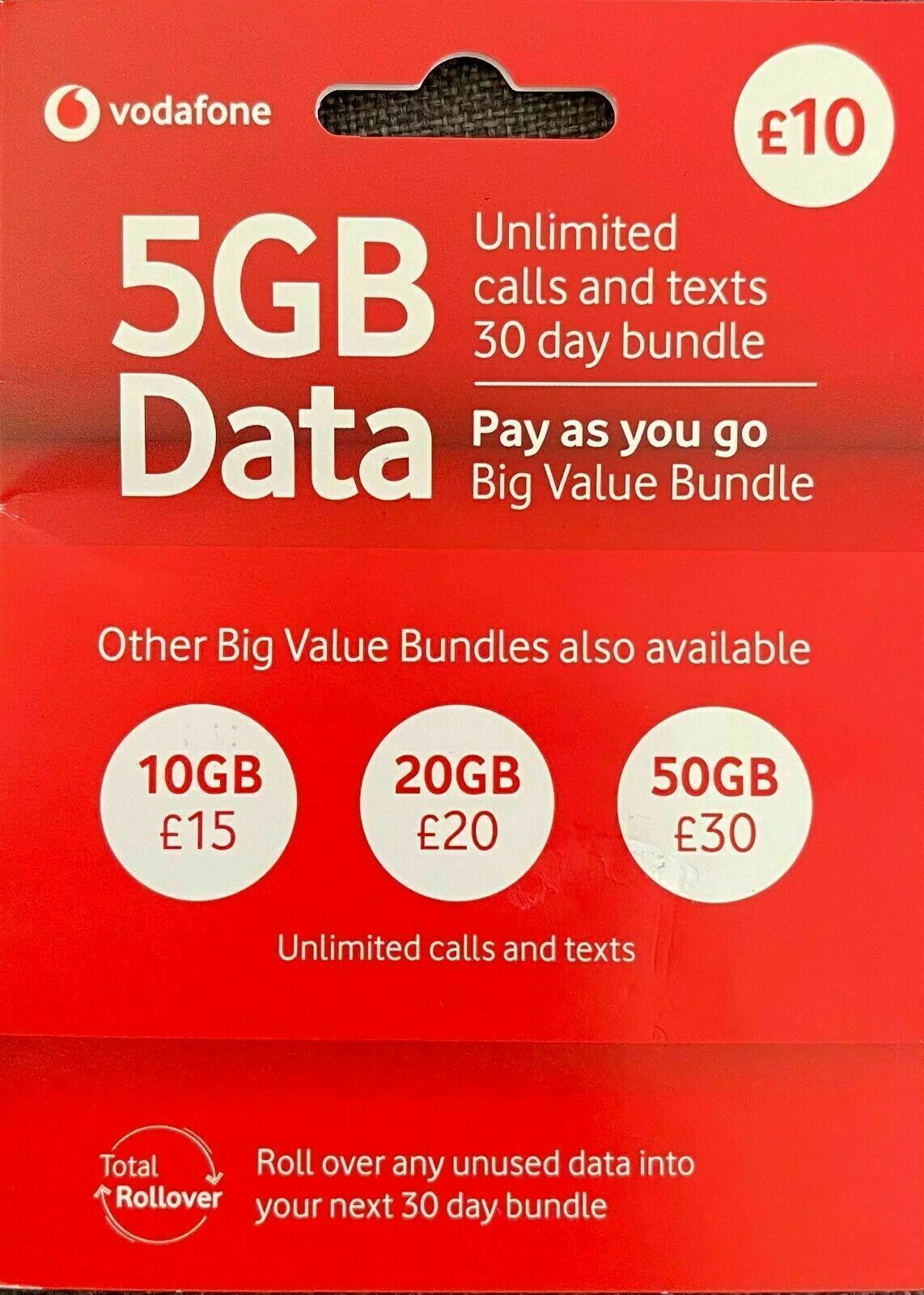 Vodafone Sim Card Package Included Unlimited Data Calls SMS Pay As you Go - £10-5GB Data Unlimited Calls & Text
