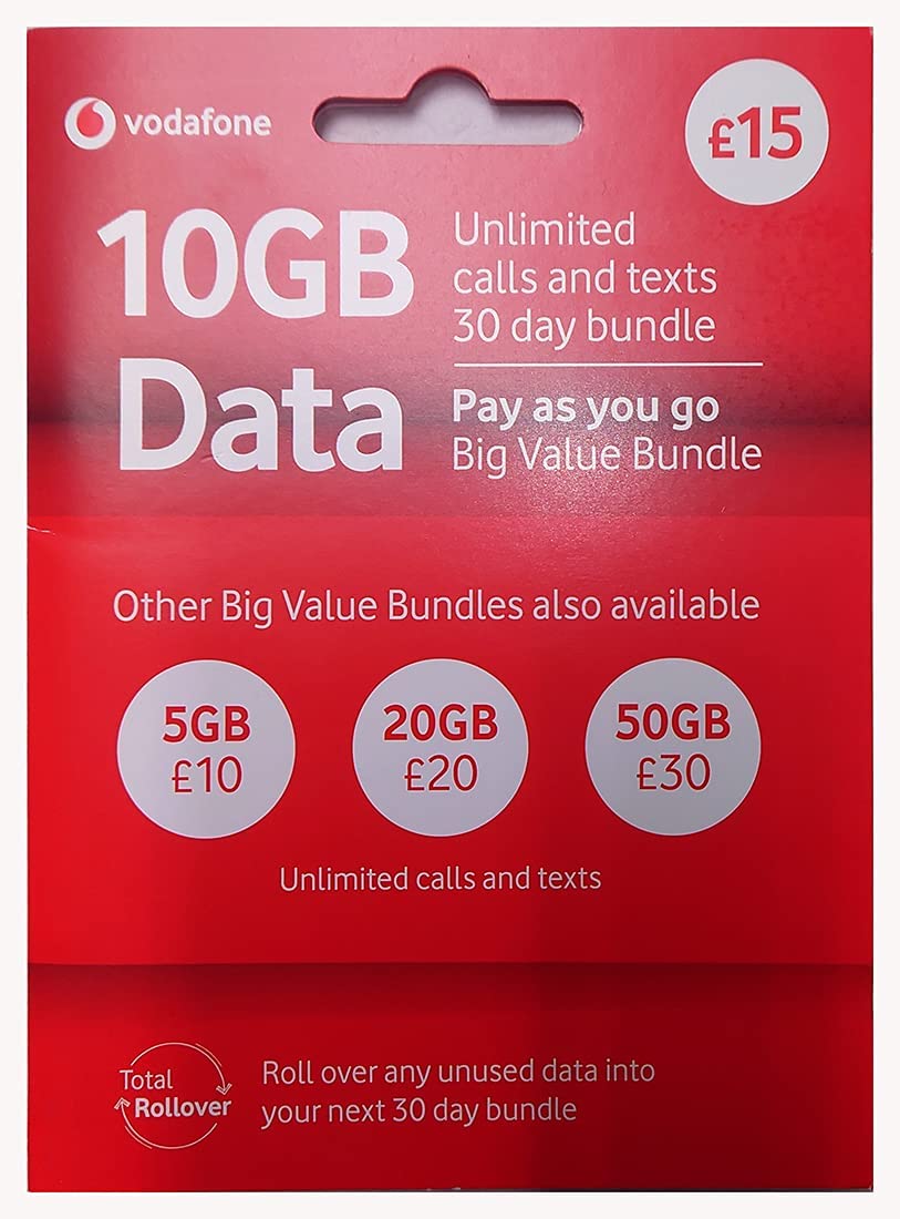 Vodafone Sim Card Package Included Unlimited Data Calls SMS Pay As you Go - £15-10GB Data Unlimited Calls & Text