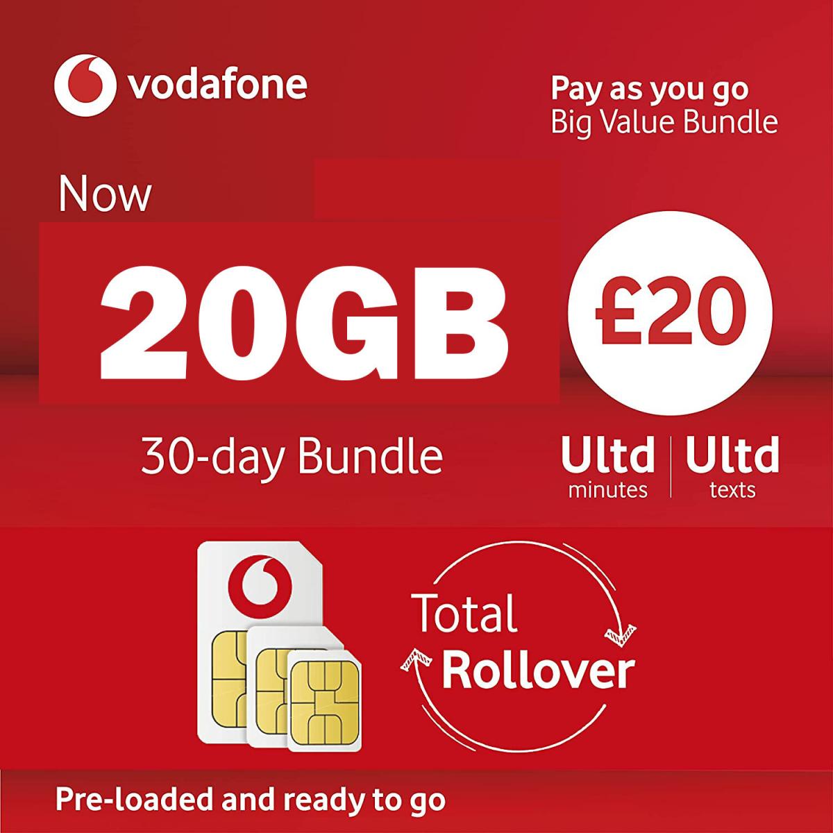 Vodafone Sim Card Package Included Unlimited Data Calls SMS Pay As you Go - £20-20GB Data Unlimited Calls & Text