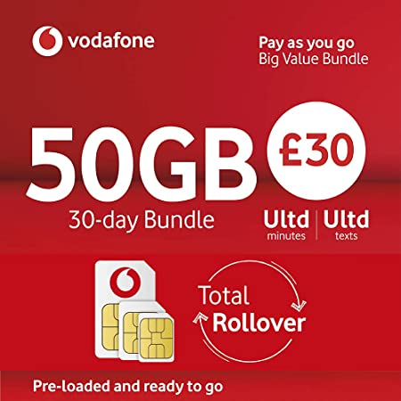 Vodafone Sim Card Package Included Unlimited Data Calls SMS Pay As you Go - £30-50GB Data Unlimited Calls & Text